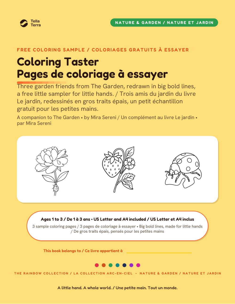 Couverture des trois pages à colorier offertes Tella Terra : Le jardin, édition bilingue anglais français