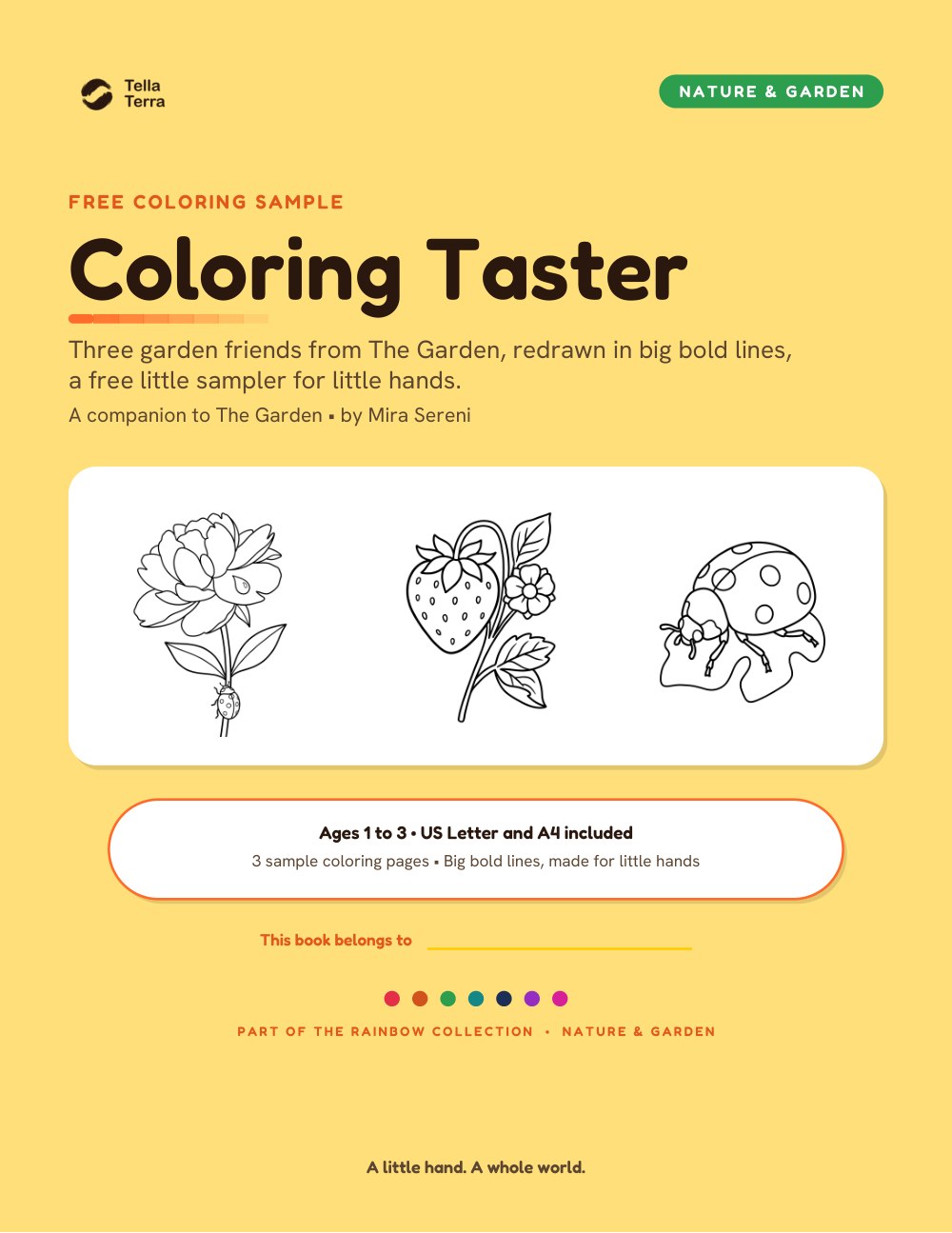 Cover of the free Tella Terra: The Garden coloring taster, three sample pages
