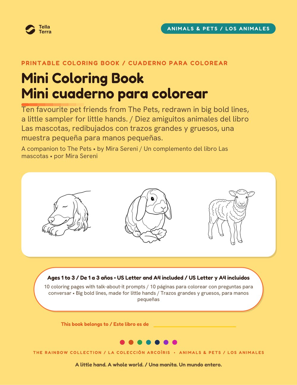 Cover of The Pets Coloring Book, English and Spanish edition, Tella Terra: The Pets