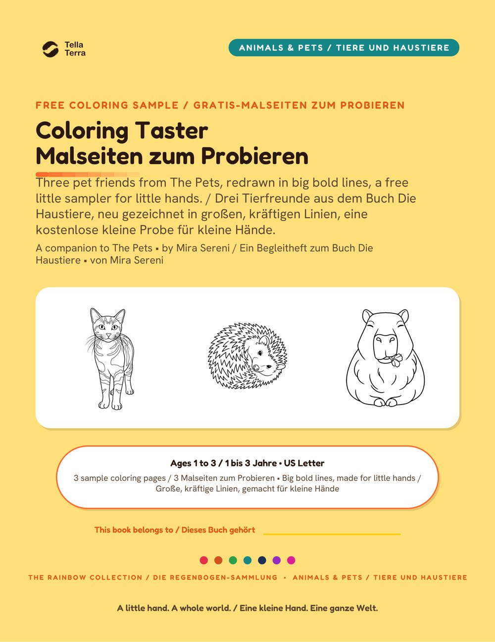 Titelseite der drei kostenlosen Ausmalseiten von Tella Terra: Die Haustiere, zweisprachige Ausgabe Englisch Deutsch