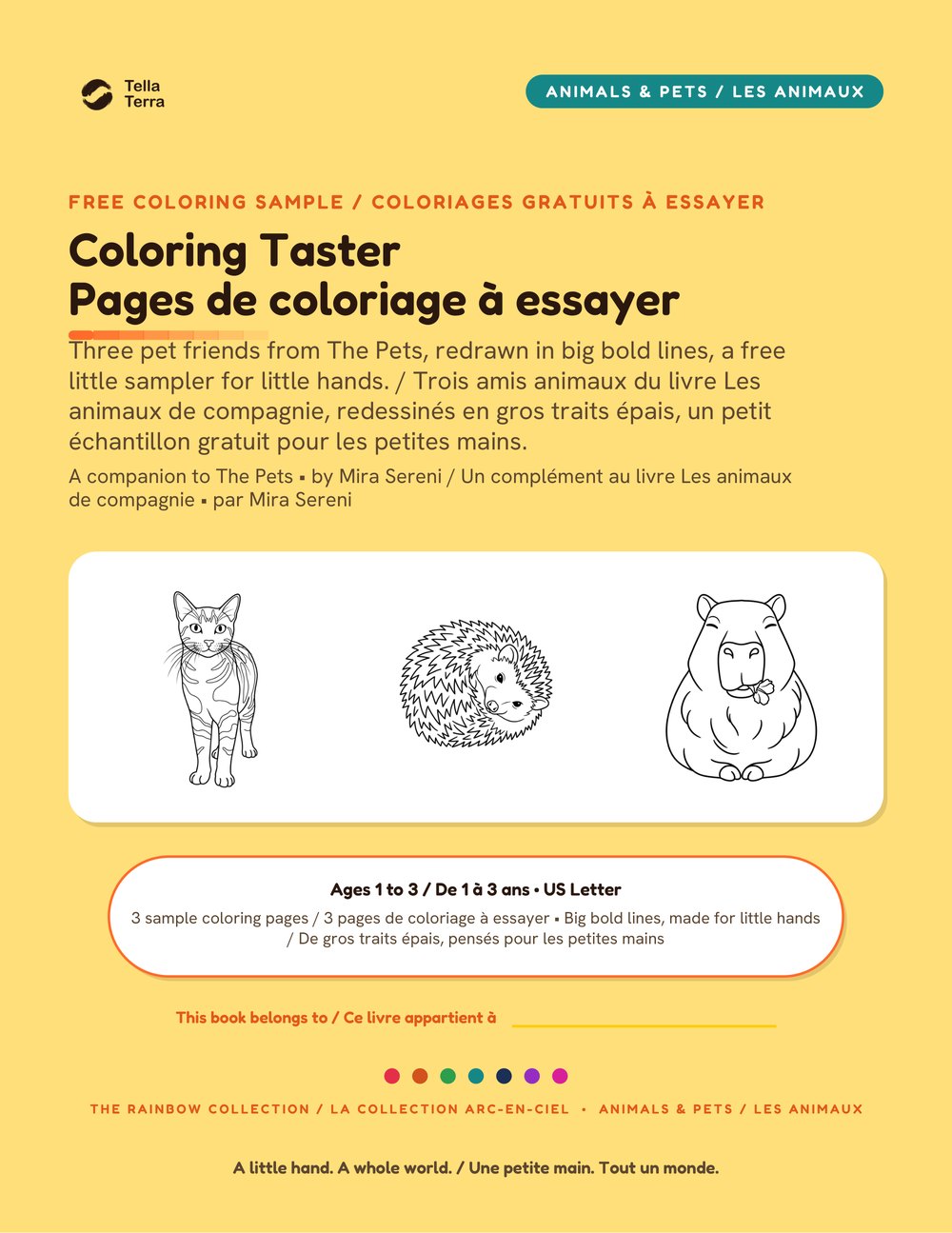 Couverture des trois pages de coloriage gratuites Tella Terra : Les animaux de compagnie, édition bilingue anglais français