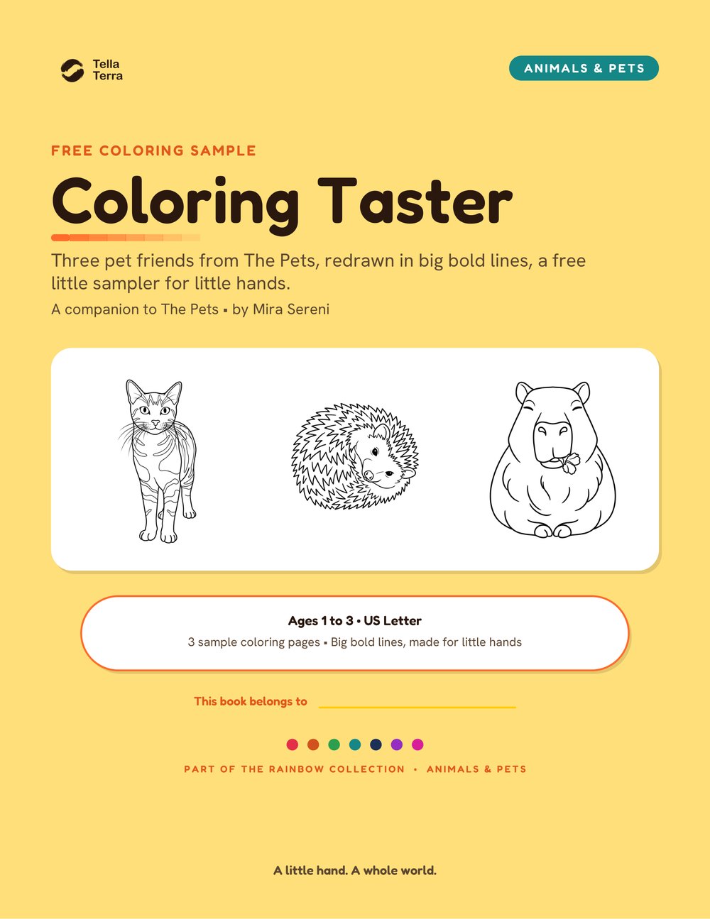 Cover of the free Tella Terra: The Pets coloring taster, three sample pages