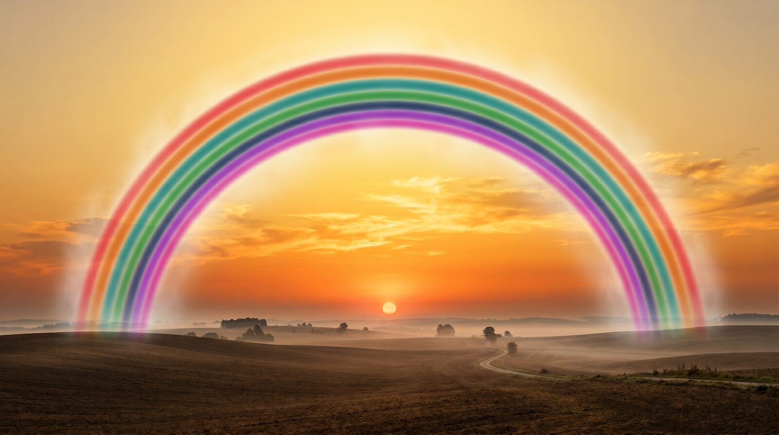 A luminous rainbow arching over a warm sunset landscape, the seven worlds of the Tella Terra collection.